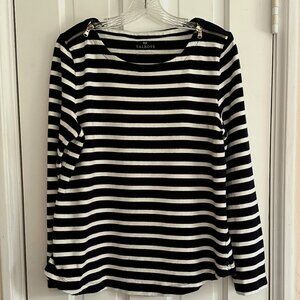 Talbots Long-sleeve Navy & White Striped T with Zipper Shoulder Detail.  Size: L